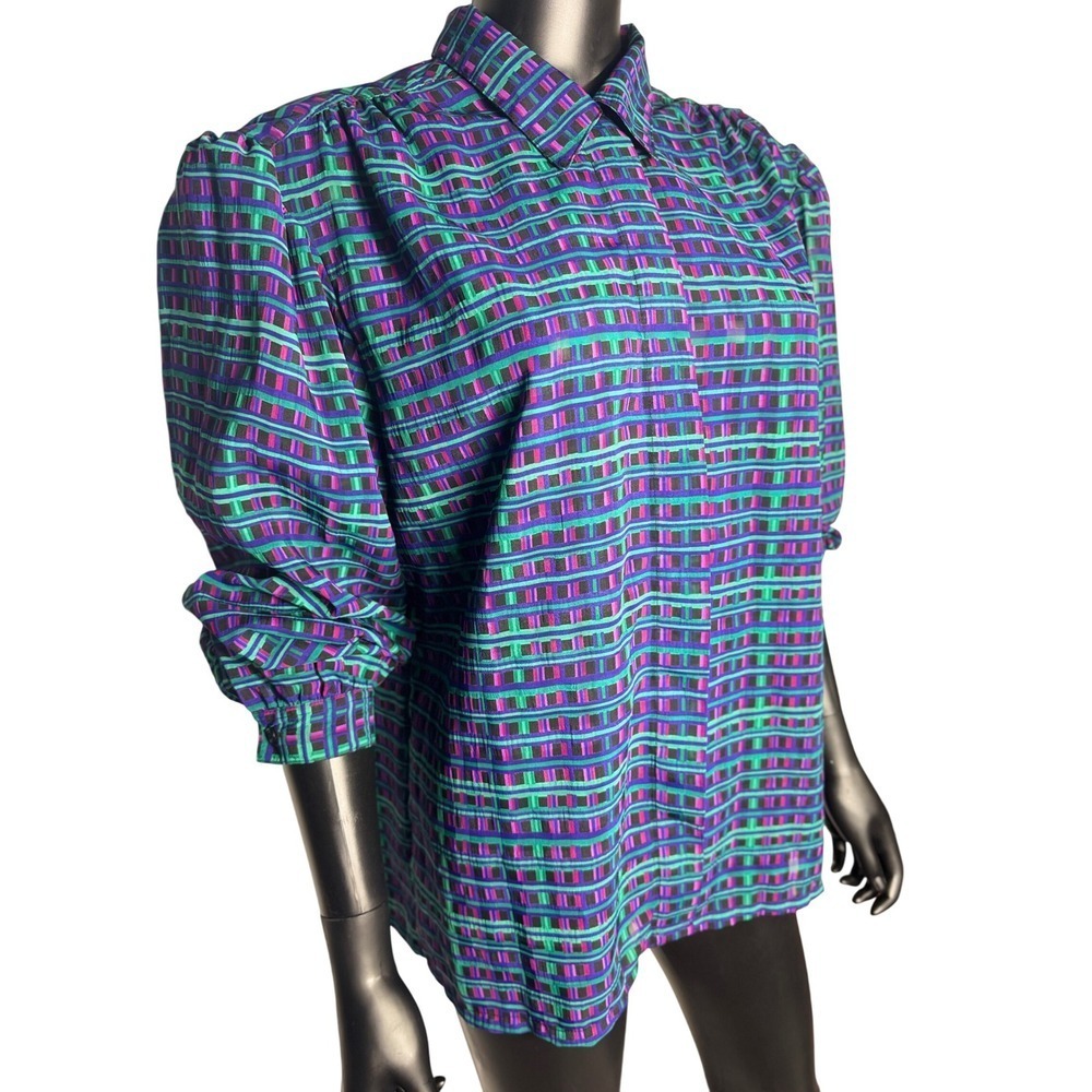 Koret Petites Women's Button Down Blouse Plaid long‎ sleeve Career Size 14